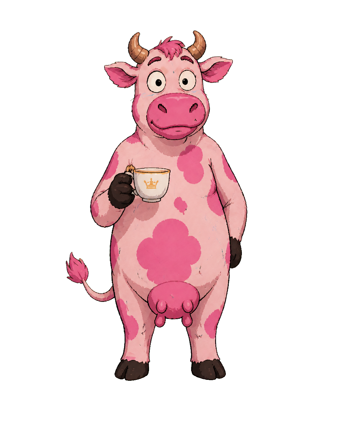 Pink Cash Cow holding a cup of tea